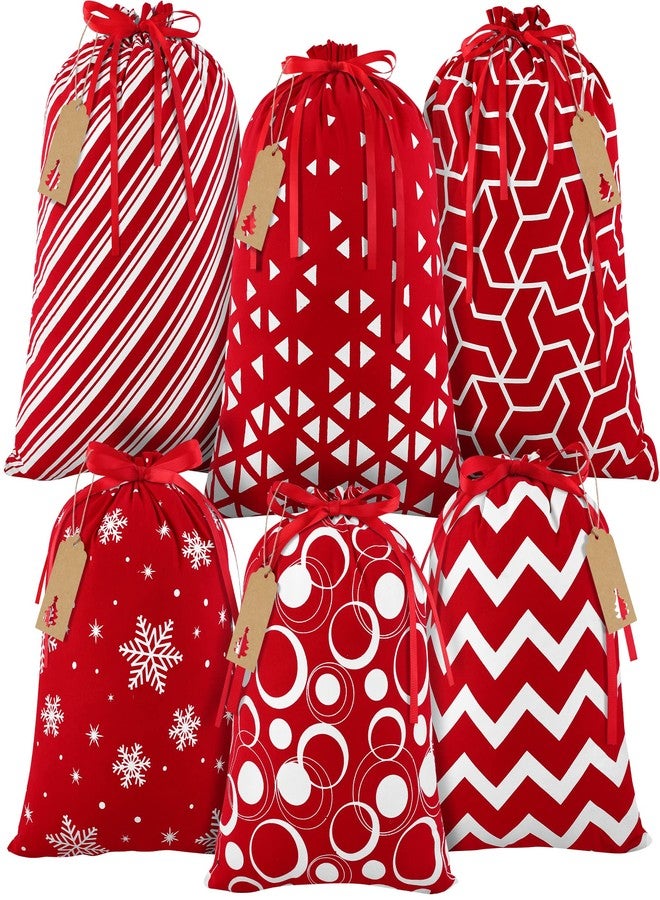 Mimind 6-Piece Christmas Drawstring Gift Bags - Red & White Cotton Fabric, Reusable Party Favor Bags (6 Designs, 2 Sizes) - Image 1